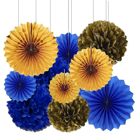 Vsosfiza Papier Dekoration Blau und Gold,Hängender Papier Pompons und Papier fächer Blaues und Gold,Seidenpapier Pompons und Papierfächer für Hochzeit,Geburtstag,Party(10 Stück)