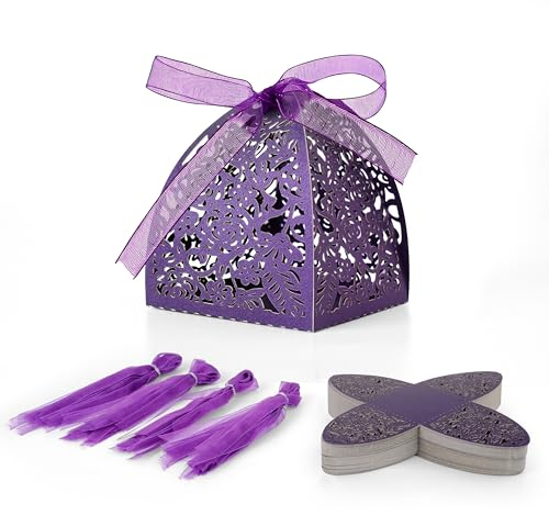 Winter Shore 100er-Pack Lasergeschnittene Geschenkbox mit Schleife & Rosenmuster- 6 x 6 x 7 cm Geschenkbox Klein für Süßigkeiten, Geburtstag, Babyparty, Hochzeit - Lebensmittelecht, BPA-Frei (Lila)