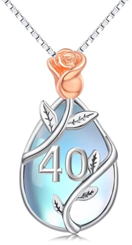Midir&Etain Geschenke 40. Geburtstag Frauen-40 Jahre Geschenk für Tochter zum 40 Geburtstag 925 Sterling Silber Rose Mondstein Anhänger Halskette für Frau Damen Jahreestag Schmuck