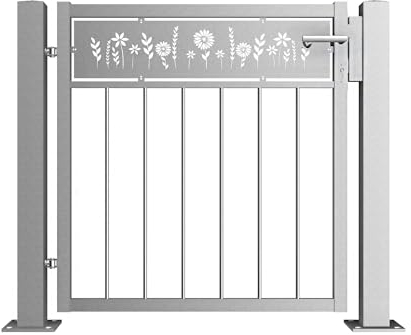 Gartentor Edelstahl V2A - Motivblech klein Blume - Vertikalfüllstreben - Din rechts/links, versch. Montagesets - Gartentüre, Zauntor (mit Pfosten DIN rechts ohne Montgaeset)