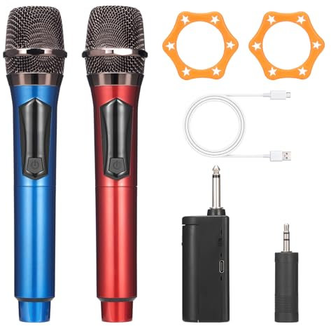 SDRO Karaoke Microphone Pack, Wireless Microphone Handheld Microphone with Rechargeable Receiver and High Frequency 100HZ-20KHZ for Home Ktv Wedding DJ Party Church (Red and Blue)