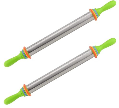 NAMYEUT 2 mattarelli in acciaio inox da 35 cm, con manico, rullo regolabile con 4 distanziatori per spessore impasto, rotolo antiaderente per pizza, fondente, torte, biscotti