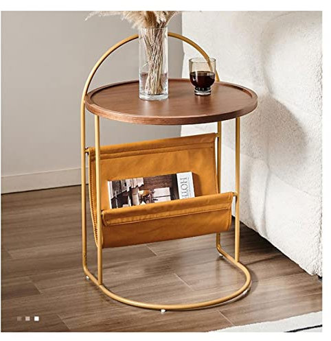 Beistelltisch Beistelltisch, Nachttisch aus Metall, Beistelltisch for Sofas, runder Couchtisch mit abnehmbarer PU-Aufbewahrungskorbtasche, kleiner Beistelltisch for Wohnzimmer und Schlafzimmer Ein Kaf