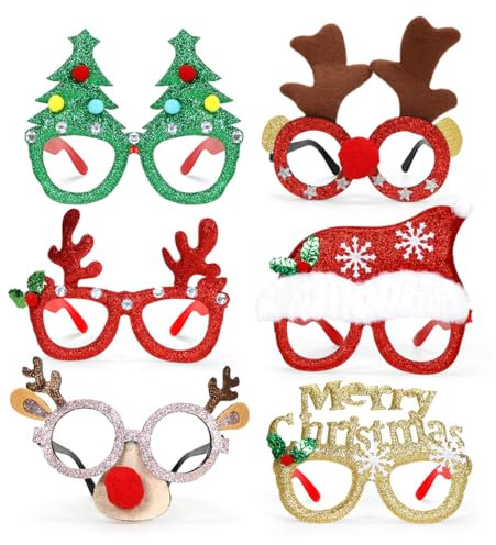Capaneus 6 Stück Weihnachtsbrille，Kreative Weihnachtsbrille Set，Weihnachtsfeier Deko Brille，Weihnachtsbrillen Erwachsene und Kinder，Kopfschmuck Weihnachten für Christmas Party