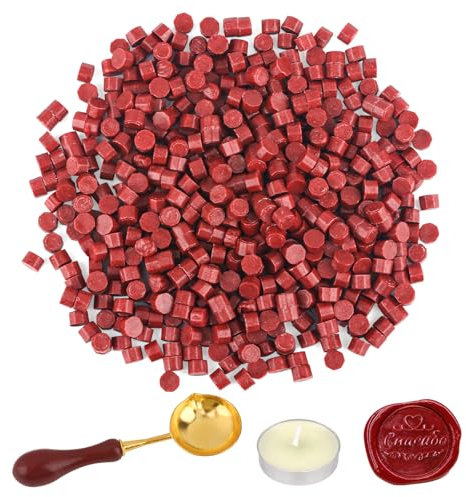 500 Stück Siegelwachs Perlen Set, Rote Siegellack Set, Wachssiegel Wachs Achteckig Perlen mit Wachsschmelzlöffel, Kerzen, Achteckiges Wachssiegel-Set für Karten, Umschläge, Geschenkverpackungen