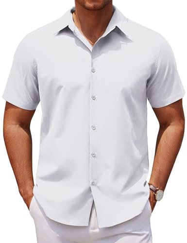 COOFANDY Mens Short Sleeve Business Shirts Summer Casual Button-Down Dress Formal Wedding Shirts Basic Classic Solid Color Top White XXL