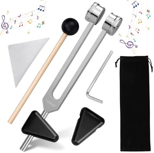 Kigniote Stimmgabel 128 Hz Stimmgabel Therapie Stimmgabel für Heilung Medizinisch Stimmgabel aus Aluminiumlegierung 128 Hz Stimmgabel mit Silikonhammer Reparaturwerkzeug und Dreieckigem Silikon