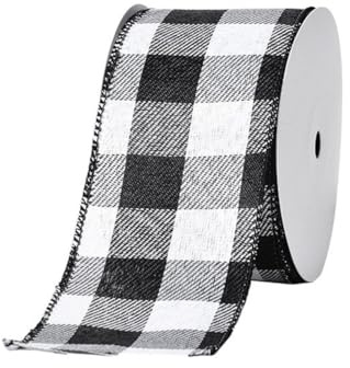 GreatRise 63mm Bunte Weihnachtsband Weihnachten Geschenkband Drahtkantenband Schleifenband Glitzer Band Dekoband Stoffband Bastelband für Geschenkverpackung Weihnachtsbäumen Deko Schwarz-Weiß Karo