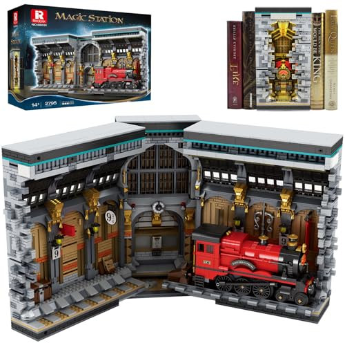 Reobrix Magic Train Booknook Building Set with Lights, Creative Harry Train Station Bookends Building Kit 66031, Book Nook Locomotive Decor Toy Gift for Adults Boys Girls 14+ (2795PCS)