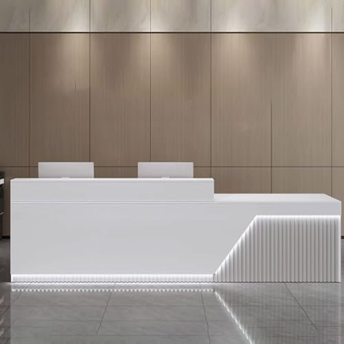 GUQASDV Empfangstheke Tresen Rezeption, Empfangstresen für Praxis, Reception Desk Modern, Rezeptionstheke Holzwerkstoff mit LED-Lichtleisten für Lobby, Salon und Empfangsraum(White+Light Gray,120cm)
