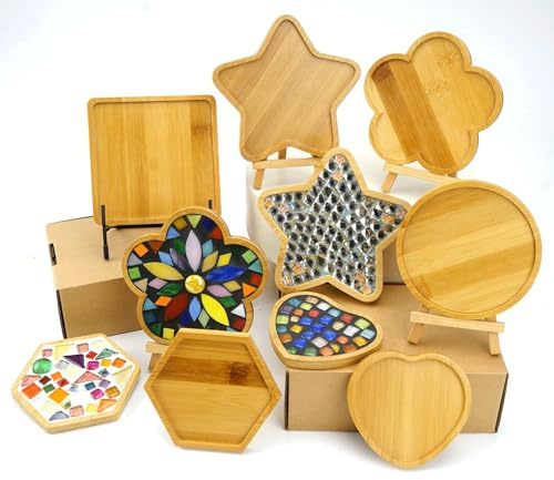 CHICSHIS 6PCS Wood Mosaic Bases for DIY Mosaic Coaster Kit, with Wooden Surface for Handcrafted Glass Mosaic Tiles Crafts for Adults and Group Activity