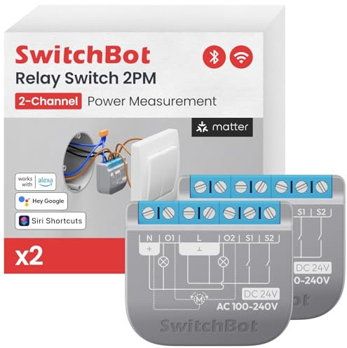 SwitchBot Matter Interruptor de Relé 2PM, módulo de relé inteligente con medición de energía, interruptor Wi-Fi y Bluetooth compatible con Alexa/Apple HomeKit/Google Home, 2.4GHz, 16A, 2Pcs