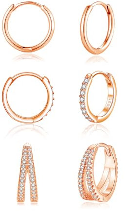 Zolkamery Silver Hoop Earrings, 925 Sterling Silver Hoop Earrings Set for Women, 3 Pairs Rose Gold Hypoallergenic Sleeper Huggie Hoops Earring with Zircon, Small Unisex Multi Pierced Earrings12mm