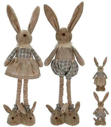Cepewa Osterhasenpaar mit Teleskopbeinen | max. H115cm Polyester Brauntöne Metallbeine | Frau und Mann mit Hasenschuhen