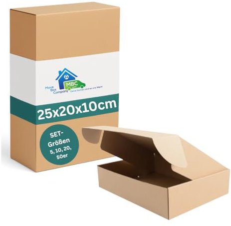 MBC 50-er Versandkarton, Maxibriefkartons faltbar mit Deckel 25x20x10cm - Versandkartons klein - Faltkartons für Warensendung - DHL Größe S - Shipping Boxes
