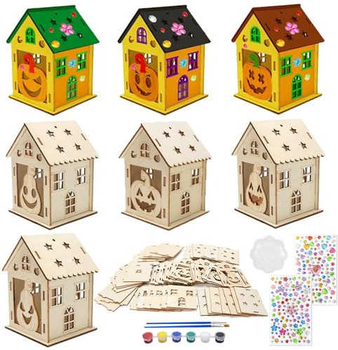Halloween Haus Bastelset Kinder, 7 Stück Halloween Holz Bastelsets für Kinder,Halloweens Kürbis Haus Bastelset Kinders,Holz Kürbis Bastelnhaus DIY Kreativsets Deko Innen mit Farben Pinseln Aufklebern