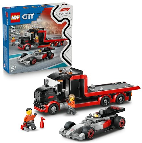 LEGO City Display Truck F1 con Auto da Corsa Audi F1 Giocattolo - Kit con 3 Minifigure e Funzione di Sollevamento Veicoli - Idea Regalo per Bambini da 7 Anni in su Fan degli Sport Motoristici - 60493