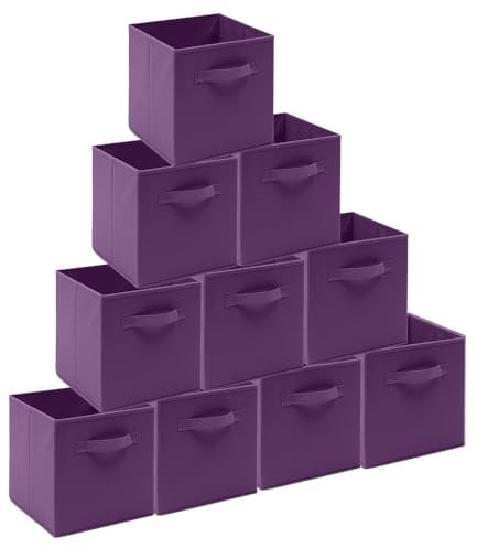 BonChoice Foldable Storage Cubes Boxes with Handle for Home Organization, Fabric Wardrobe Storage Box Organizer Basket Bins for Clothes Toys Towels, Collapsible&Durable (10, Purple)