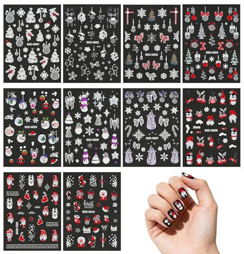 Nagelsticker Weihnachten 10 Blatt Nagelaufkleber Selbstklebend Weihnachtsweißer Schneeflocken-Winter Nail Art Sticker Dekoration Nageldesign Zubehör (Style 1)