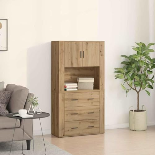HETFTJN Highboard Sideboard 80 x 33 x 150 cm Massivholzoptik mit 3 Schubladen 2 Türen Stauraumwunder im Landhausstil Modernes Holz Sideboard für Wohnzimmer Esszimmer Flur