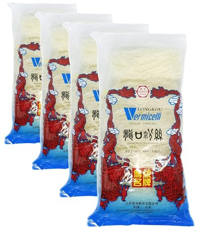 Longkou Vermicelli 250g | Premium Chinese Cellophane Noodles | Authentic Mung Bean Glass Noodles for Stir-Fries, Soups, Hot Pots & Asian Dishes (Pack of 4)