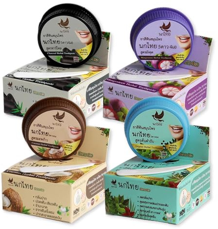 NOKTHAI Kräuter-Zahnpasta Set 4x25g – Konzentrierte Thai Natur-Zahncreme ohne Fluorid – Kokos, Aktivkohle, Mangostan & Original – Natürliches Whitening & Frischer Atem – Reisegröße Kunststoffdose