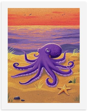 Une pieuvre violette sur la plage au coucher du soleil. Peinture par numéros pour adulte Toile sans cadre 40 x 50 cm