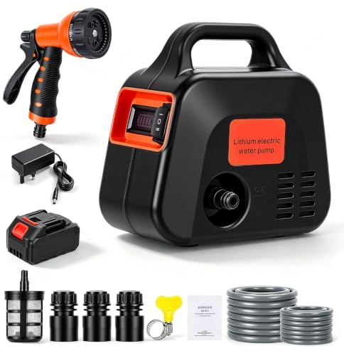 Electric Water Pump, Portable Cordless Water Pump with 4000mah 21V Battery, 10M Outlet Pipe, 3M Water Inlet Pipe, 7 Modes Shower Head, Small Irrigation Pump for Water Pumping and Spraying