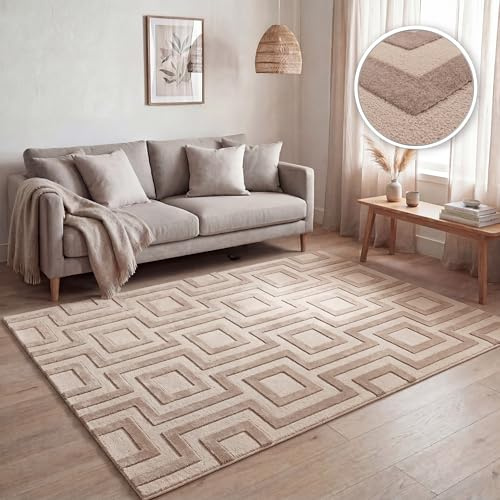 Paco Home Kurzflor Teppich Wohnzimmer, Moderne geometrisch abstrakte Muster, 3D-Effekt, Klassisch Skandi Stil, Unicolor einfarbig Beige, Grösse:80x150 cm