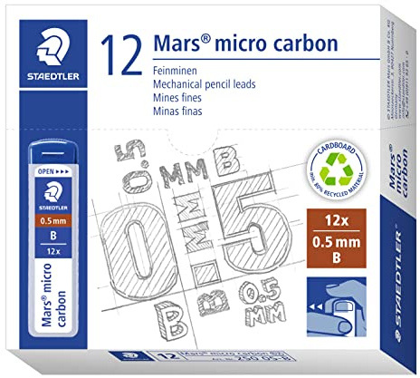 STAEDTLER 250 05-B Mars Micro Refill Leads for Mechanical Pencils - B, 0.5mm (Box of 12 x Tubes of 12 Leads)