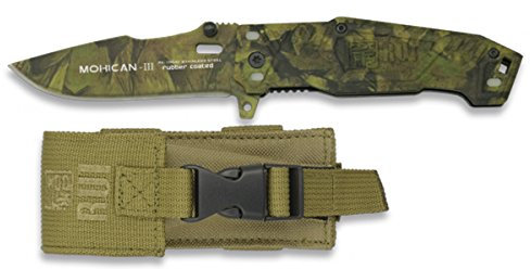 RUI K25 19542. Couteau pliant modèle MOHICAN III. Poignée aluminium et caoutchoutée. Lame acier inoxydable et caoutchoutée. Taille de la lame 7,8 cm. Etui en nylon avec passant ceinture. Visible dans l'obscurité