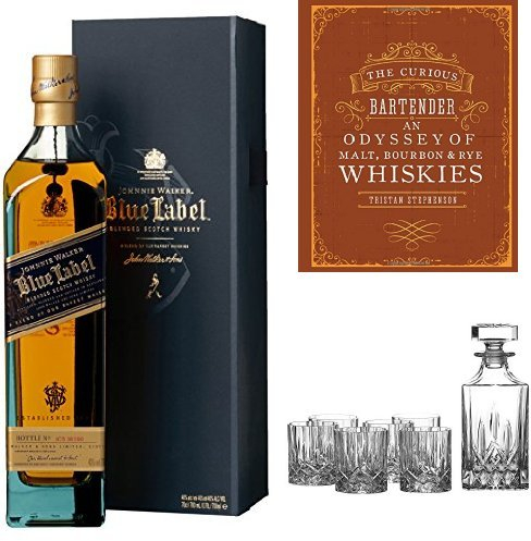 Johnnie Walker Blue Label Blended Scotch Whisky, The Curious Bartender - Malt, Bourbon & Rye Book and Royal Doulton Crystal Decanter Set, 1 x 700ml