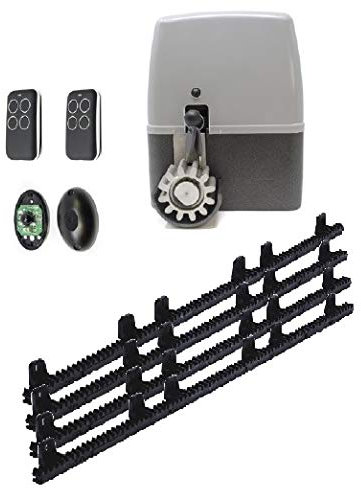 Kit para automatizar tu puerta de garaje corredera de modelo VDS GEKO 400 Kg, incluye motor, 2 mandos de código evolutivo, placa de control, 4 metros de cremallera, fotocelula y manuales.