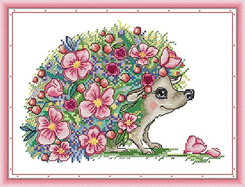 Amiiba Kreuzstich Set Vorgedruckt für Erwachsene Anfänger, Tier, kleiner Igel, Blume 11ct Stickset Stickpackungen