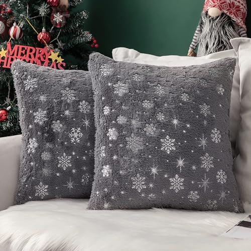 MIULEE 2er Set Kissenbezüge Weihnachten Kuschelkissen Flauschig Schneeflocken Dekokissen Sofakissen Plüschkissen Fellkissen Couchkissen Kissenhülle Zierkissenbezug für Wohnzimmer 50x50 cm Grau