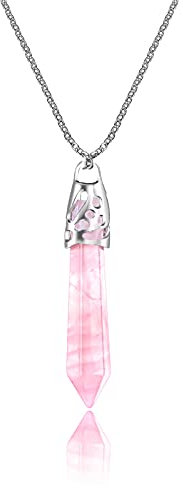 Filluck Healing Carnelian Rose Quartz Amethyst Crystal Necklace Tree of Life Hexagonal Irregular Dragon Wrapped Necklace for Women, Crystal, Quartz,