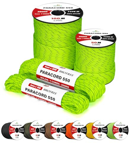 Brotree Paracord 550 4mm 15M 100% Nylon Seil Schnur Typ III mit 7 Stränge für Survival, Outdoor, Armbänder, Hundeleine - Bruchlast 250kg (Reflektierende Neon Grün)