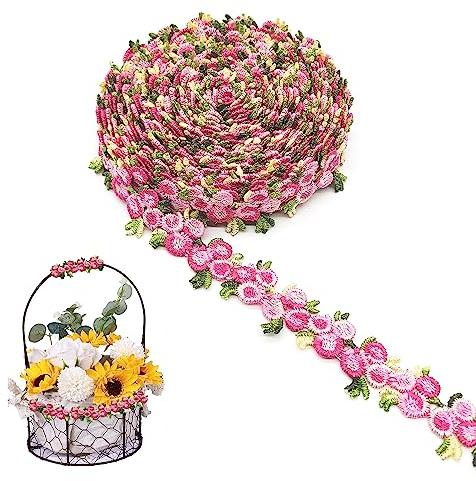 XCSJ 5 Yard Florale Spitzenborte Blumen Spitzenband Rosenstickerei Spitzenborte Stickerei Dekoband Zierband Borten Bänder Blumenband Borten Und Bänder Zum Nähen,Für Verzierungen,Kleidung,DIY (Rosarot)