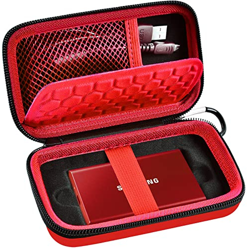 Schutzhülle kompatibel mit Samsung T7 / T7 Touch Portable SSD 1TB 2TB 500GB USB 3.2 Externes Solid State Drive, Reise-Trage-Organizer, passend für USB-Kabel und mehr Zubehör, Rot