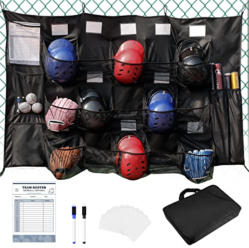 QBA Hanging Helmet Bag for Baseball Softball Team, Helmet Organizer for Dugout Fence Garage, Hold Up to 15 Players Helmets 4 Bats with Name Cards Roster Line Up, Black