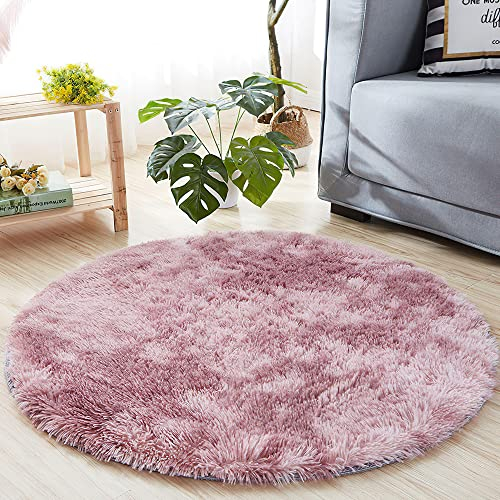 MARATIP Teppich Rund Kinderzimmer 100 cm Purpur Rosa Schlafzimmer Hochflor-Teppich Waschbarer Buro Weicher Flauschige Modern