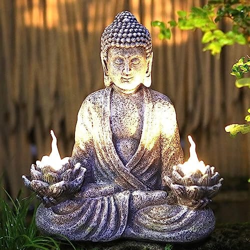 IVCOOLE Buddha-Statue, Zen-Skulptur, 29 cm, Yoga-Gartendekoration, mit LED-Solar-Lotuslichtern, sitzend, meditierend, ruhig, Kunstharz-Figur für Terrasse, Hof, Rasen, Ornamente, drinnen oder draußen