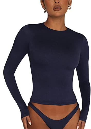 OYIGELZ Women's Basic Long Sleeve Shirt Crop Top Y2K T-Shirt Slim Fit Casual Tee Tops Streetwear(Tibetan Blue-a,S)