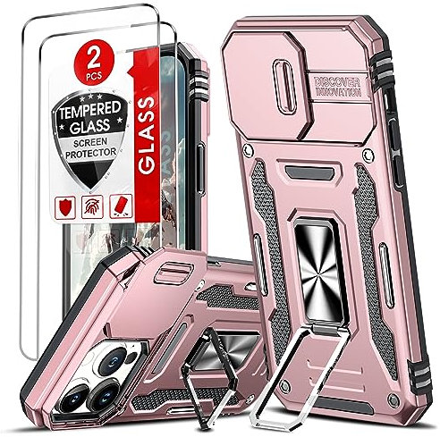 LeYi for iPhone 14 Pro Max Case: Armour Cases with 2 Tempered Glass Screen Protectors | Camera Lens Cover Slider | Ring Stand Holder | Military Protective Shockproof Phone Cover, Rose Gold