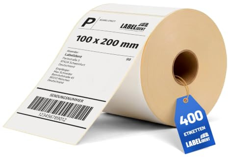 Labelident Versandetiketten 100 x 200 mm - 400 Thermoetiketten auf Rolle | Stark selbstklebende Thermodirekt-Labels für DHL, DPD, FedEx, GLS, Hermes, UPS, Zebra