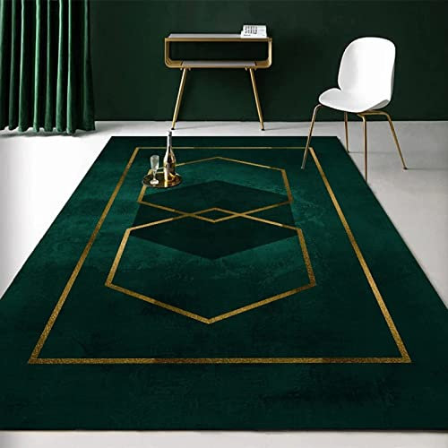 Luxuriöses Geometrisches Smaragdgrün-Gold Teppiche Gegend, Goldene Linien Auf Blauem Hintergrund Schlafzimmer Kurzflor für Wohnzimmer, Schlafzimmer, Esszimmer Badezimmer Küche Flur Läufer 140 x 200cm