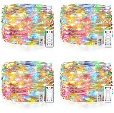 Vacoulery Wasserdicht Draht Lichterkette, 4 x 10M 100 LED USB Weihnachten Außenlichterkette Micro Lichterkette Außen und Innen mit Fernbedienung 8 Programm und Timer für Schlafzimmer, Party, Hochzeit