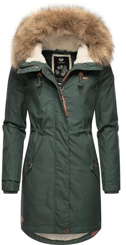 Ragwear Damen Wintermantel Warmer Parka lang mit abnehmbarem Kunstfell Tawny Intl Pine Green23 Gr. XL
