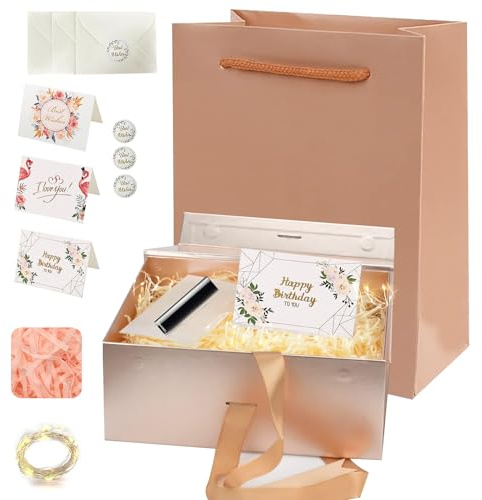 Geschenkbox mit Deckel, Faltbare Geschenkkarton mit Magnetisch, Mit 3 Modi LED-Lichterkette, 3 Briefumschläge und Grußkarten, Schleife, Geschenktüte, Raffia Füllmaterial (32 * 22 * 10cm, Champagner)