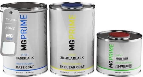 MG PRIME Vernice per auto Kit barattolo per Jeep 850/B / GW7 Bright White Vernice di base 2K vernice trasparente indurente pronto all’uso 2,5L